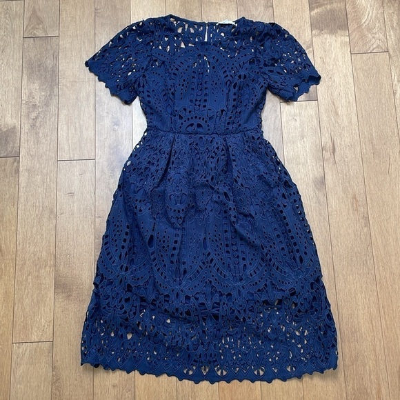 Anthropologie ERI + ALI Lattice Lace Navy Blue Fit N’ Flare Dress shortsleeve XS - Picture 9 of 16